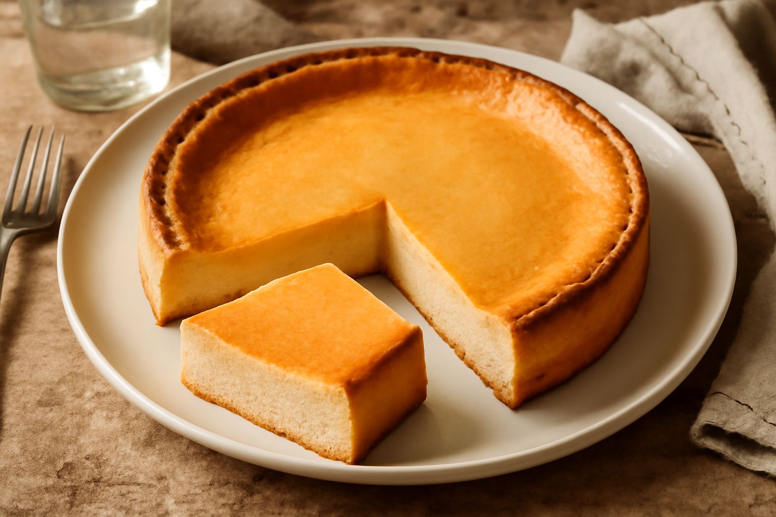 Una fetta di torta di zucca e formaggio su piatto bianco, dal colore arancio-beige sfumato, con superficie liscia e cremosa, superficie leggermente gonfia e dorata ai bordi, accompagnata da un cucchia