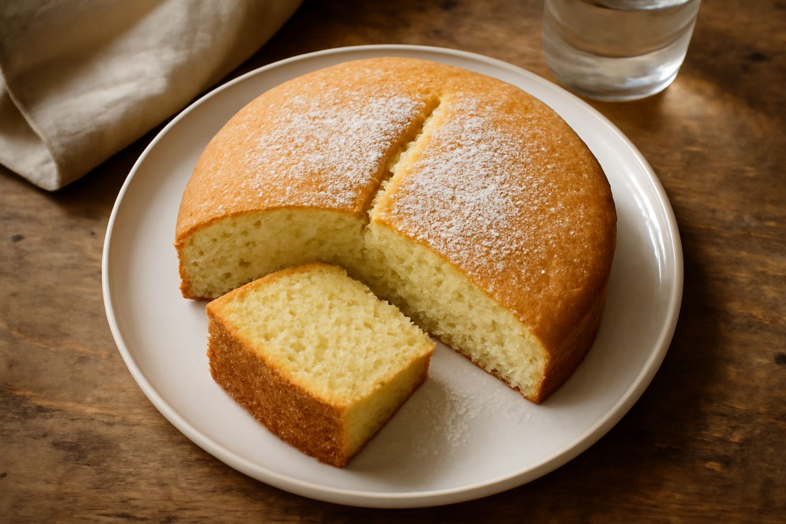 Torta di zucchina appena sfornata su piatto bianco, mollica color ocra dorato, superficie liscia e uniforme leggermente piegata al centro, spolverata di zucchero a velo, fetta tagliata che mostra la c