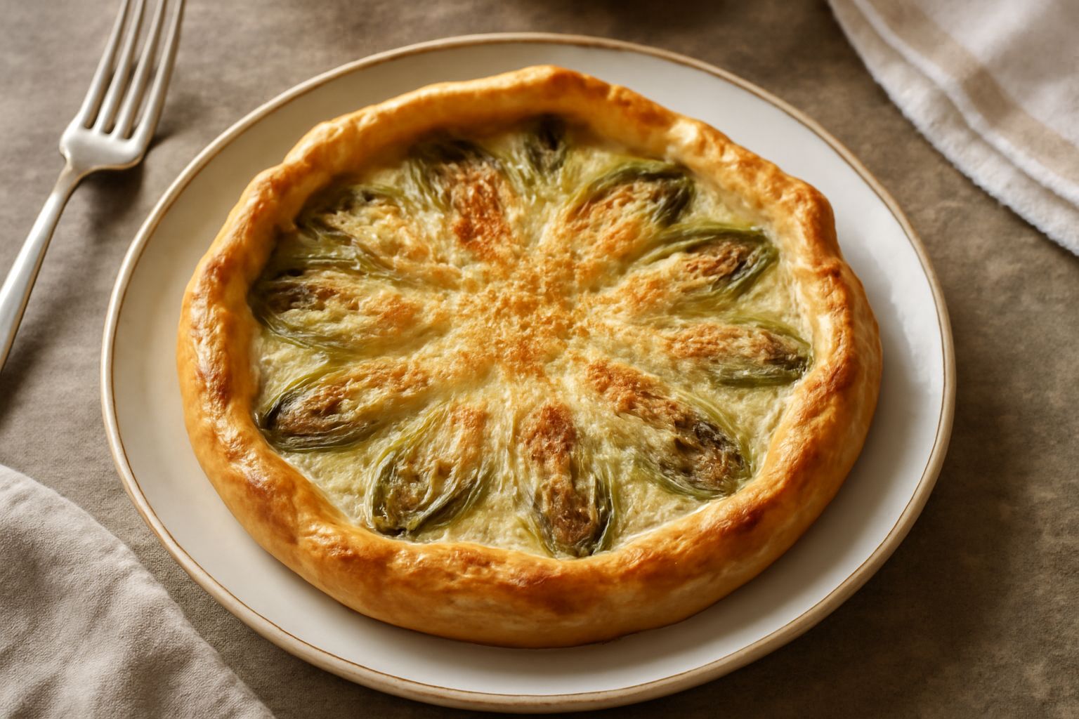 Torta d'indivia appena sfornata con pasta sfoglia dorata, farcita di indivia verde chiaro e crema ricotta filante, spolvero di formaggio grattugiato sulla superficie, servita su piatto bianco