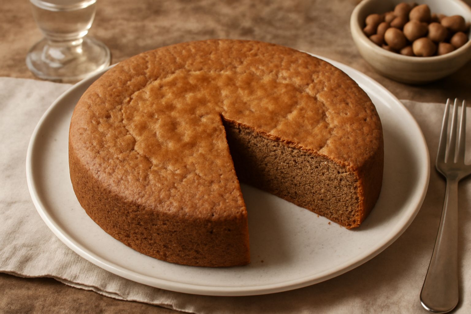 Torta rotonda dal colore nocciola dorato, superficie leggermente irregolare e opaca, affettata per mostrare l'interno morbido e omogeneo; spolverata di zucchero a velo, su piatto bianco con tovaglia a