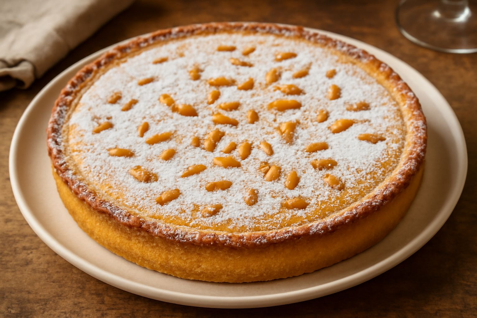 Torta d'la nonna appena sfornata, con pasta frolla dorata, coperta di zucchero a velo bianco, pinoli tostati visibili sulla superficie, servita su un piatto bianco