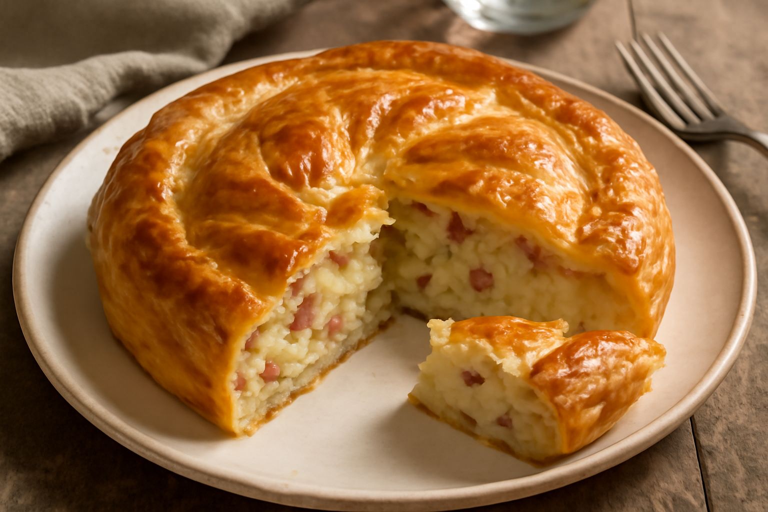 Torta di lardo e patate intera appena sfornata, con pasta sfoglia dorata e croccante, tagliata a fette per mostrare il ripieno cremoso di patate e lardo, servita in piatto bianco
