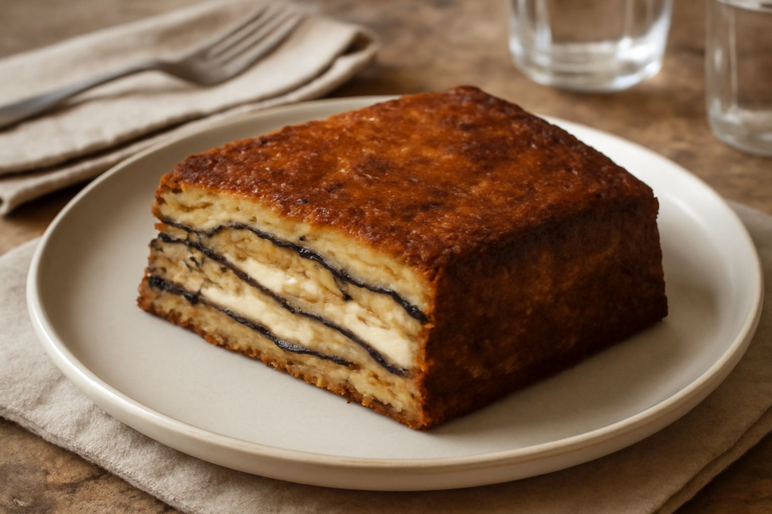 Torta d'melanzane dorata e uniforme in una pirofila bianca, affettata con una fetta che mostra i strati di melanzane grigliate e formaggio filante, guarnita con prezzemolo fresco