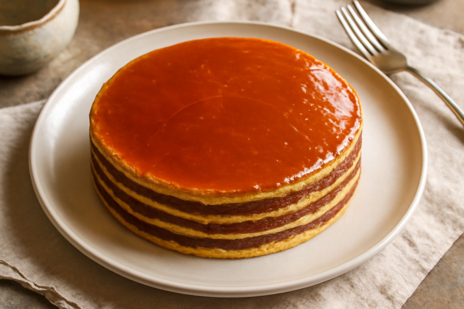 Torta Dobos intera su un piatto bianco: otto strati visibili di pasta dorata, crema al cioccolato marrone tra i livelli, superficie coperta da caramello lucido e un decoro di caramello cristallizzato 