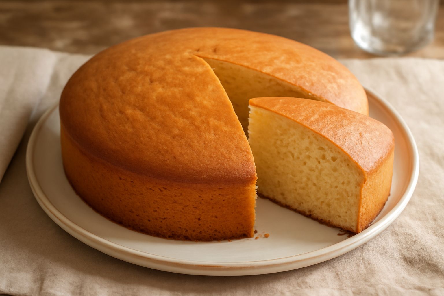 Torta dolce intera di colore dorato con superficie liscia leggermente gonfia, poggiata su un piatto bianco da dolceria, tagliata con una fetta che rivela l'interno soffice e poroso di colore giallo pa