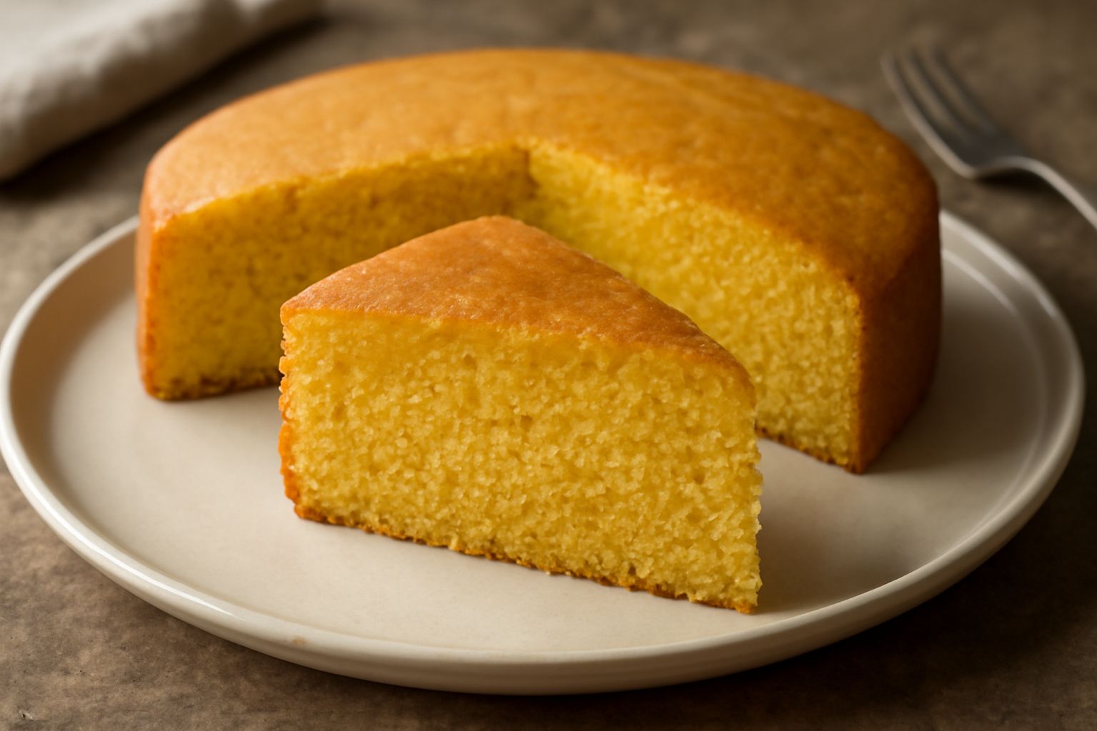 Torta di farina gialla affettata su un piatto bianco, color crema dorato con una miga fine e regolare, spolverata leggermente di zucchero a velo, accanto a una tazza di caffè