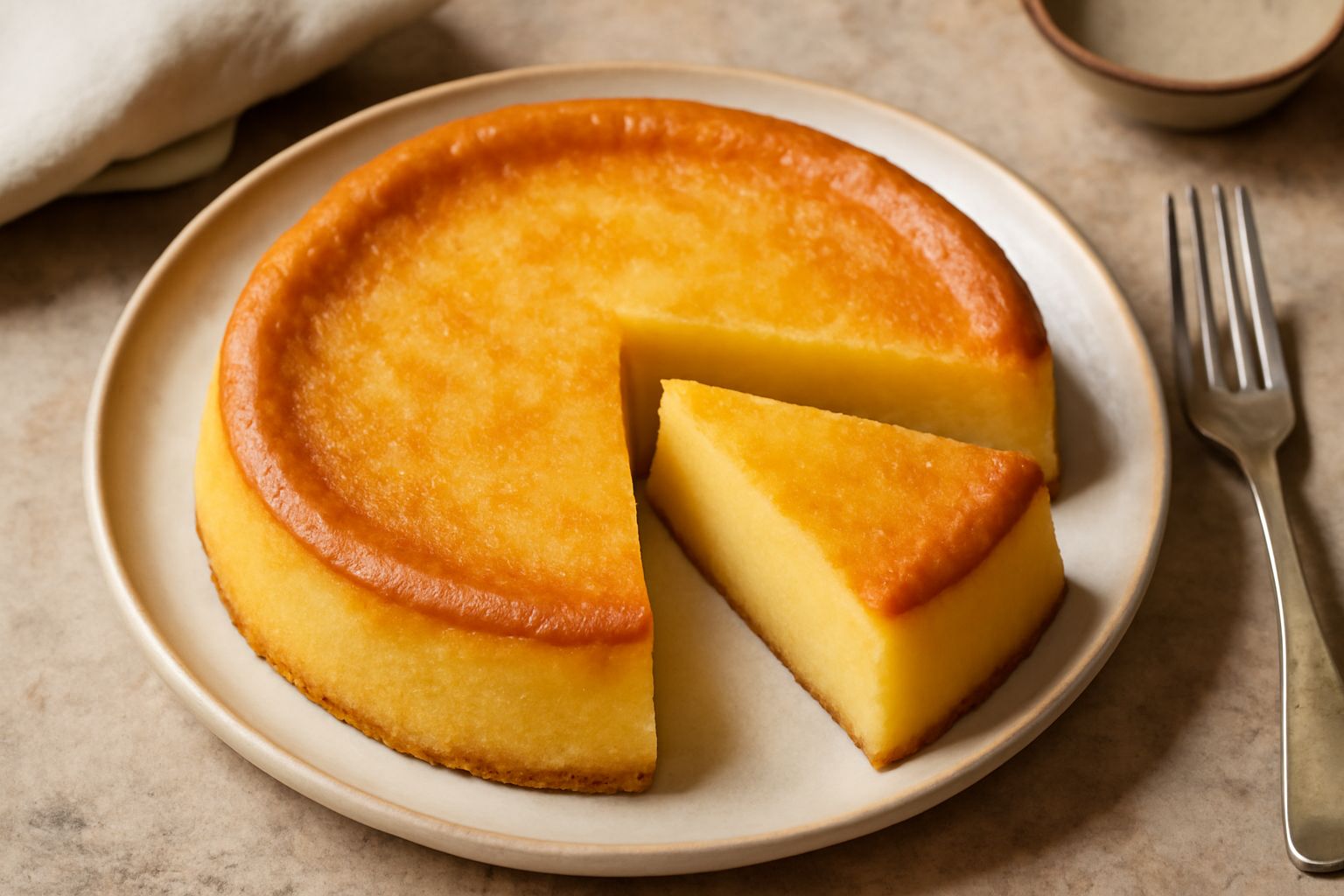 Torta dolce di semola intera appena sfornata, con superficie dorata e uniforme, tagliata a fette quadrate che mostrano l'interno soffice e compatto. Posizionata su un piatto bianco.