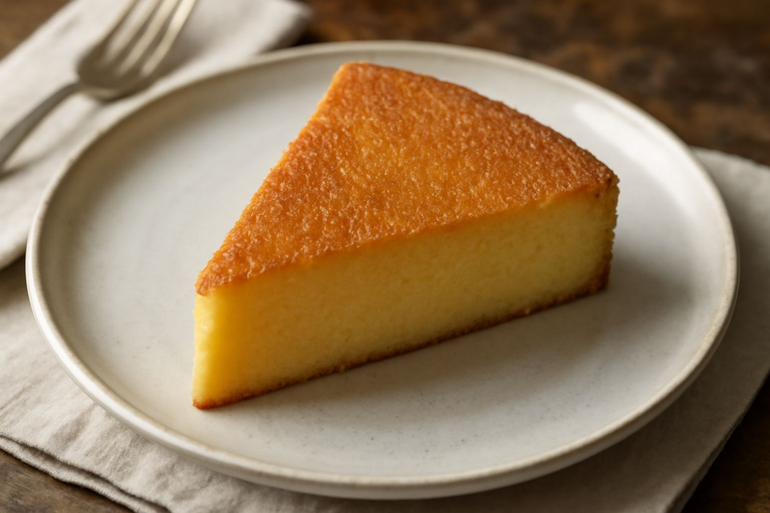 Torta dolce di semolino dorata e compatta tagliata a fette, con crosta superficiale leggermente granulosa, servita su piatto bianco con bicchiere di latte accanto