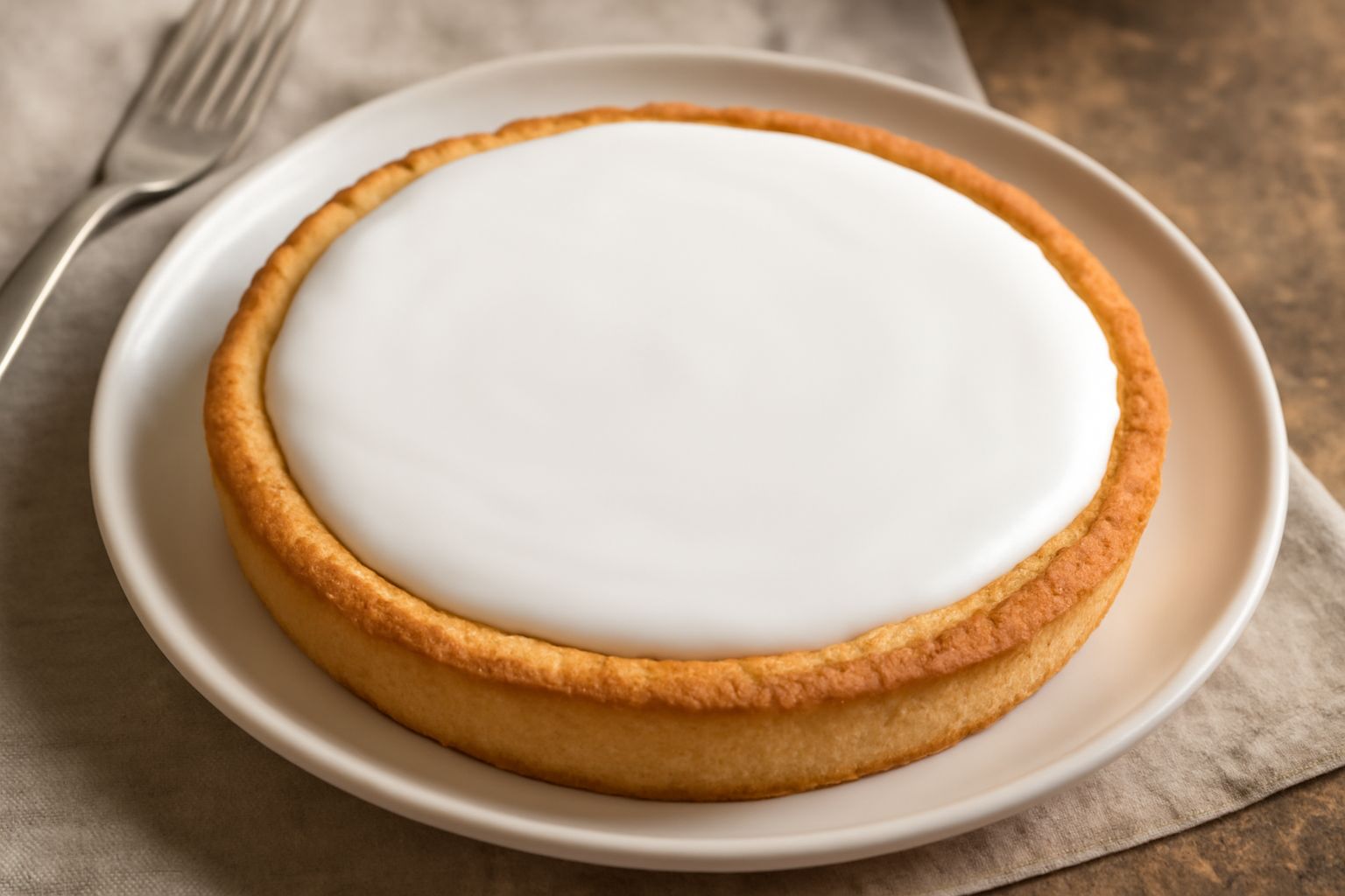 Torta Dolce Parmense intera sul piatto bianco, base di pasta frolla dorata, crema gialla chiara al centro, glassa di zucchero bianca lucida in superficie, decorazioni di pistacchio tritato sui bordi