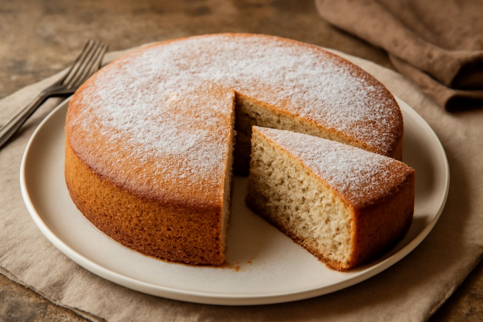Torta d'or dorata affettata su un tagliere di legno, miga soffice e compatta, colore ambrato uniforme, polvere di zucchero leggera sulla superficie superiore, fondo bianco con tovaglia di lino natural
