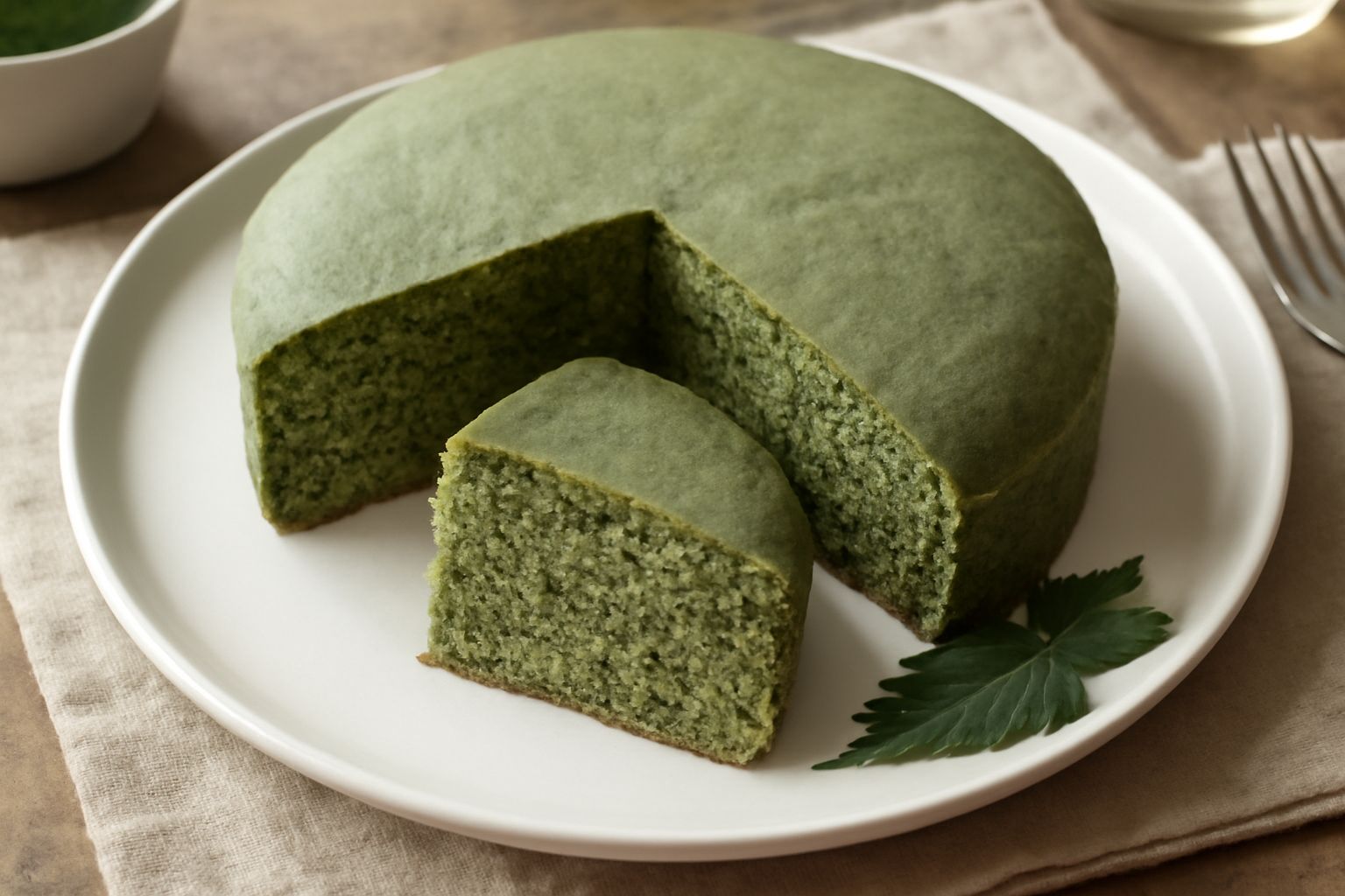 Torta d'ortica con superficie verde chiaro uniforme, tagliata in fette, servita su piatto bianco, miglior visione con una tazza di tè accanto
