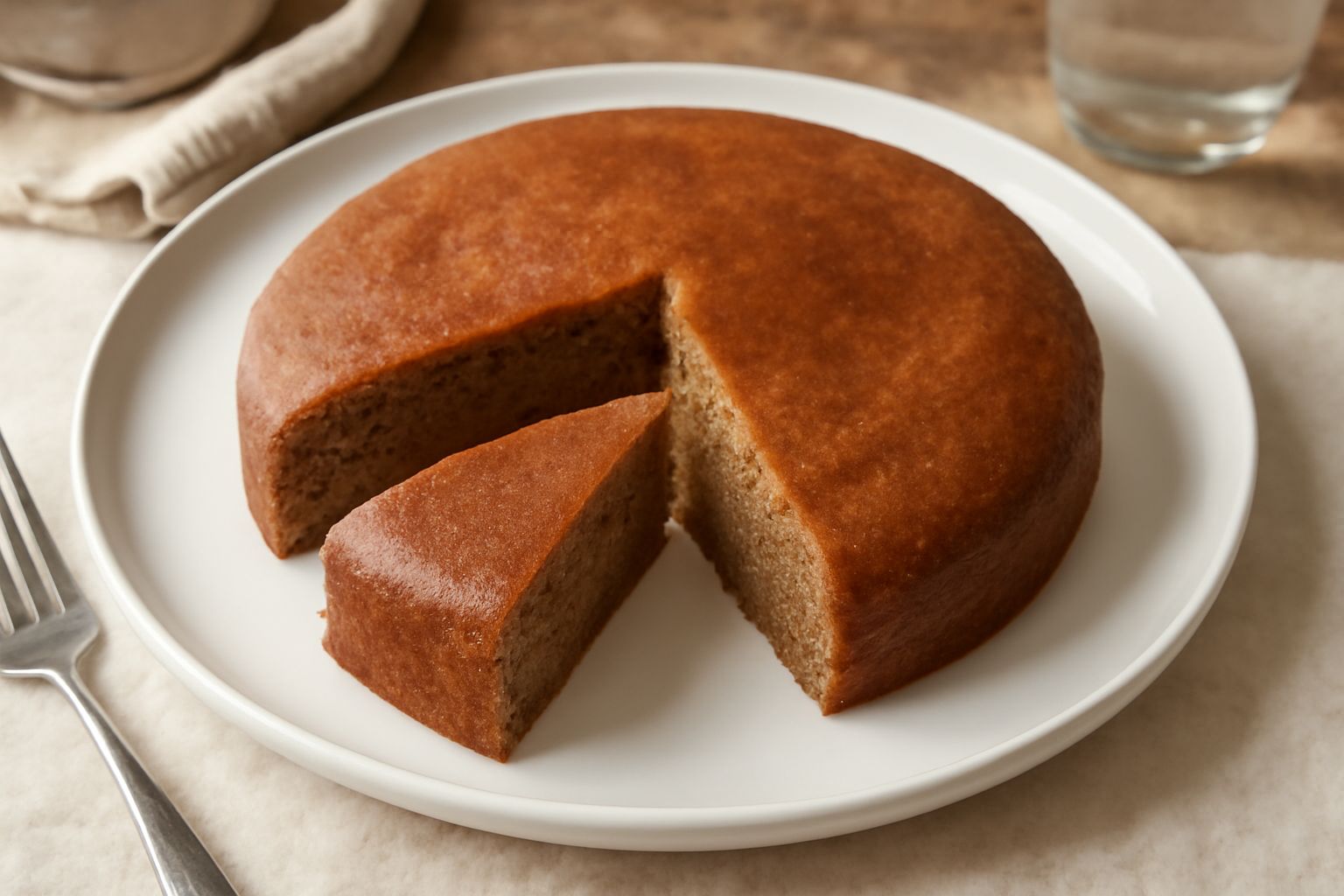 Torta d'orzo rotonda, dorata in superficie con sfumature nocciola, tagliata a spicchi su piatto bianco, miglieruola, mollica compatta color nocciola all'interno, contorno di mandorle tostate