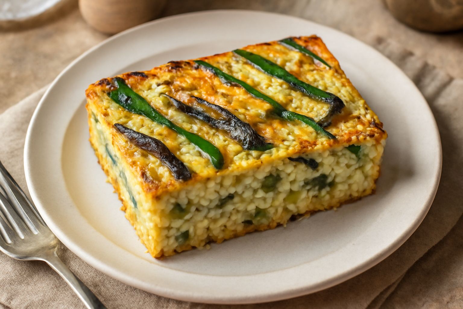 Torta rettangolare a fette di colore dorato, con verdure visibili sulla superficie: strisce verde di zucchina, grigio di melanzana, giallo d'uovo. Base croccante, taglio netto. Servita in piatto bianc