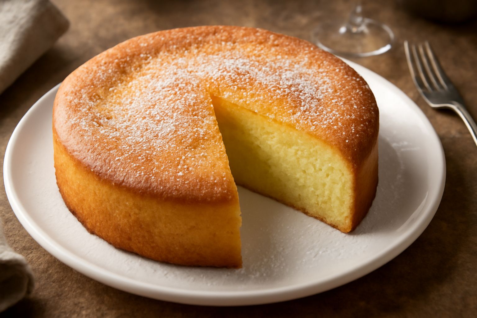 Torta di patata intera con superficie dorata e leggermente gonfia, fetta servita su piatto bianco che mostra la miga morbida e compatta di colore beige chiaro, guarnita da una spolverata di zucchero a