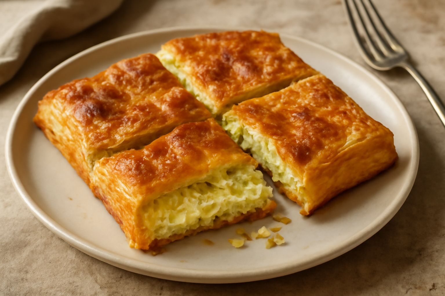 Torta di porri dorata in una teglia quadrata, tagliata in porzioni, con ripieno cremoso visibile al taglio e superficie sfogliata dorata.