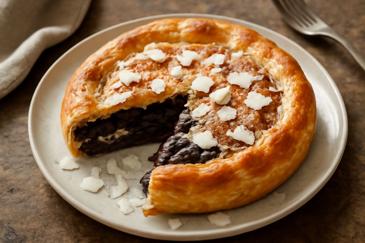 Torta di radicchio appena sfornata in un piatto bianco, superficie dorata e croccante, strati di radicchio scuro visibili dal bordo, guarnita con scaglie di parmigiano giallo paglierino