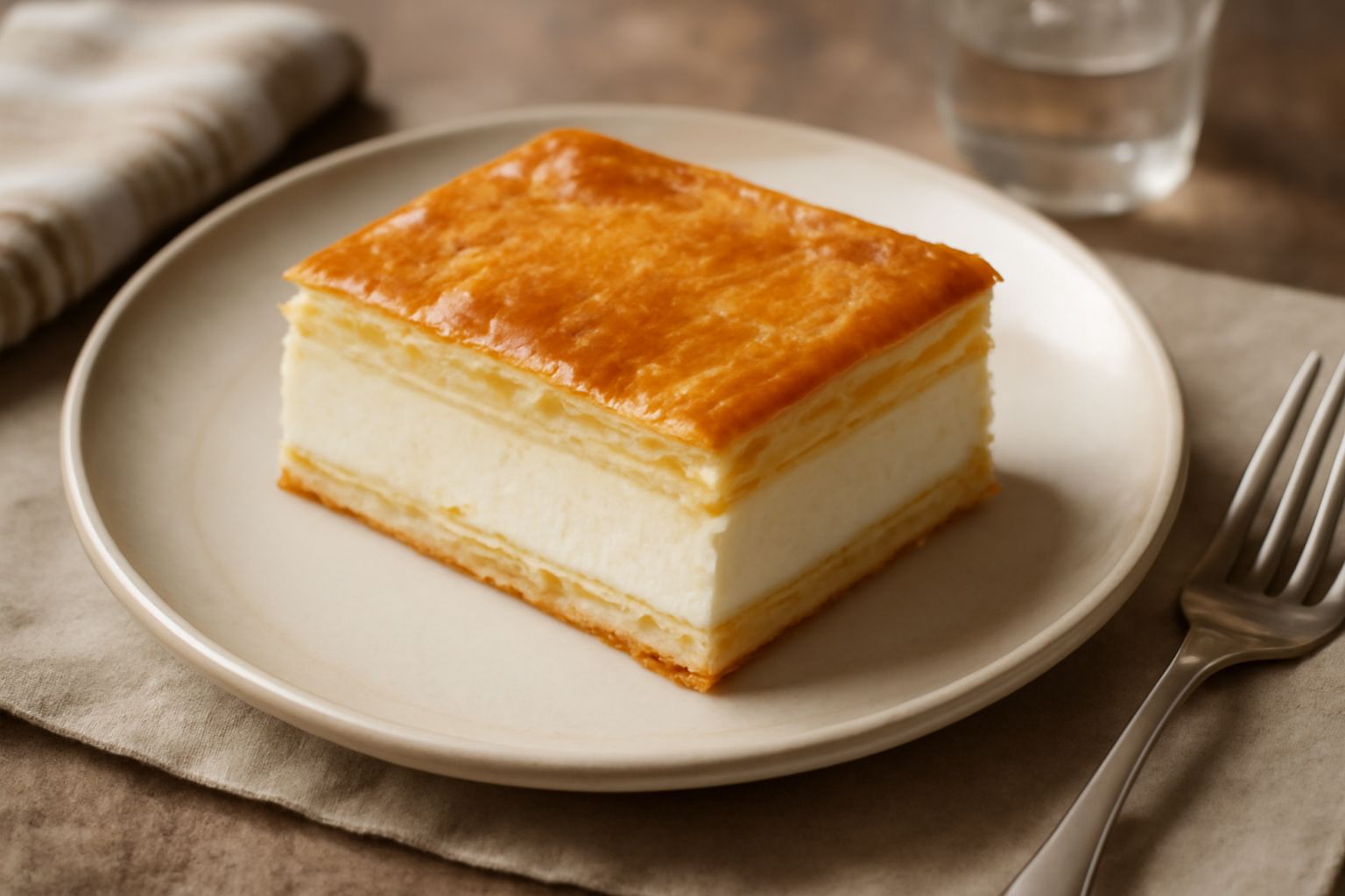 Torta d'sagne a fette su piatto bianco, strati alternati di pasta sfoglia gialli e ripieno di ricotta cremoso bianco panna, superficie dorata, servita con cucchiaio di legno