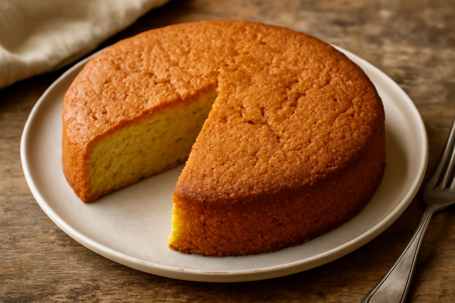 Una torta di semola dorata e soffice, appena sfornata, con superficie leggermente screpolata e colore marrone chiaro uniforme, servita su un piatto bianco con una fetta tagliata