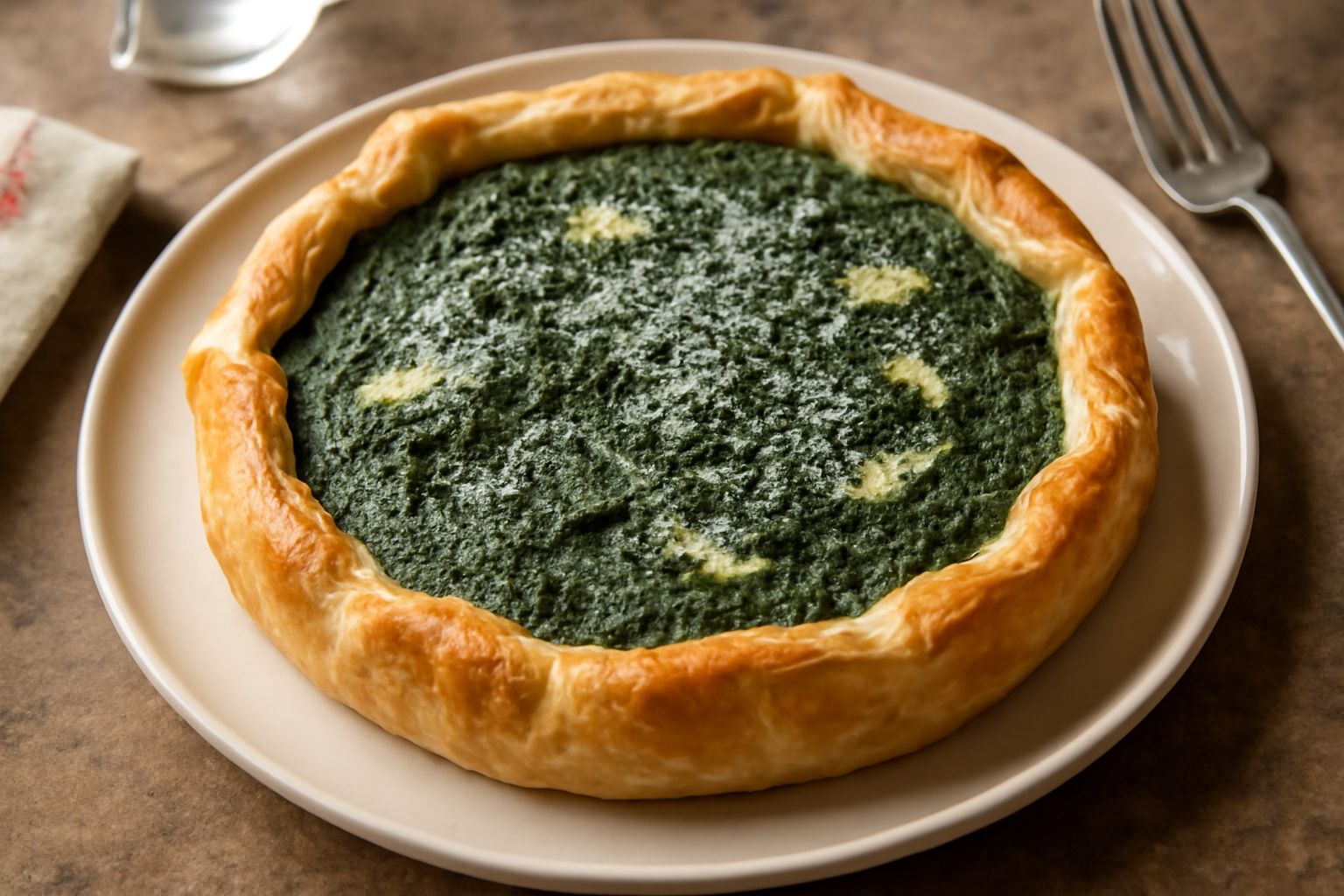 Torta di spinaci appena tagliata in uno stampo rettangolare, sfoglia dorata e croccante, interno verde intenso con ricotta bianca visibile, guarnizione di parmigiano grattugiato sulla superficie