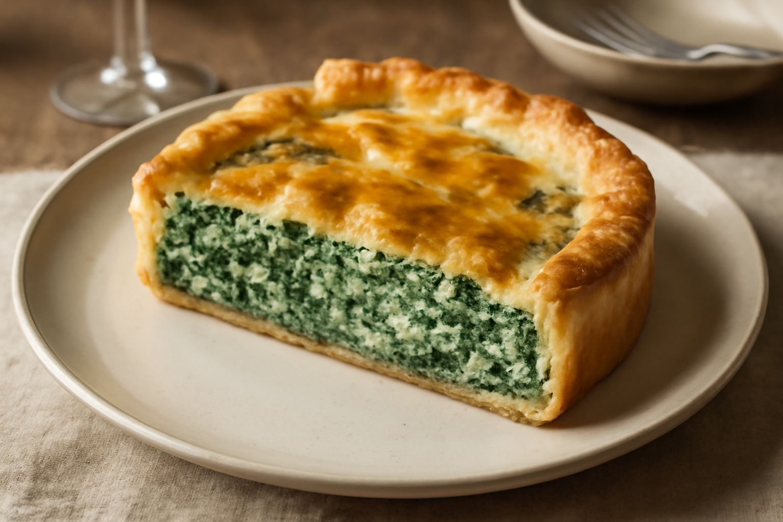 Torta di spinaci e formaggio tagliata a fette, pasta sfoglia dorata intorno, ripieno di spinaci verdi e formaggio cremoso visibile nel taglio, impiattata su piatto bianco