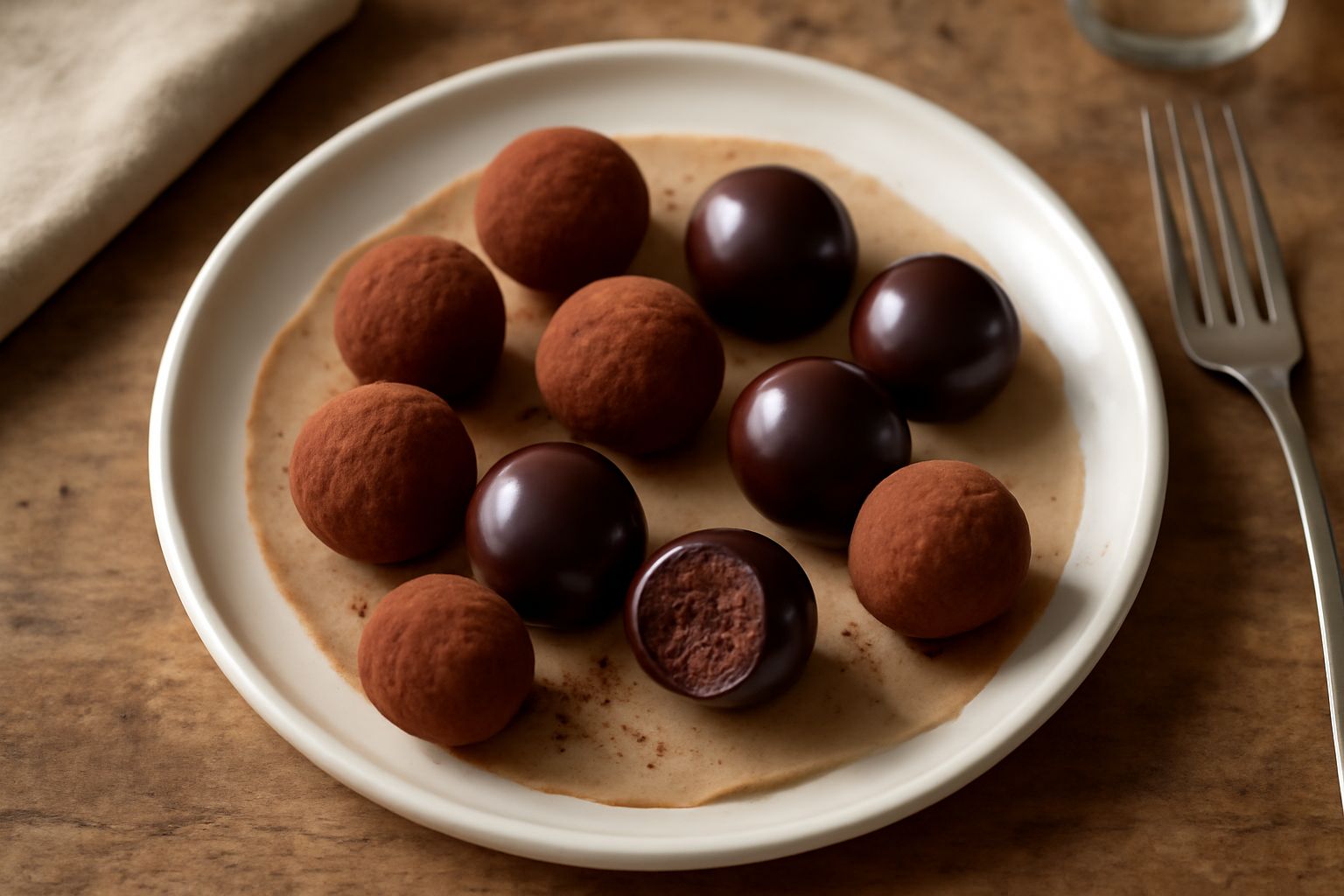 Tartufi di cacao disposti in una scatola di cartone marrone, alcuni ricoperti di cacao in polvere marrone scuro, altri con cioccolato fondente lucido, su uno sfondo bianco con nocciole sparse