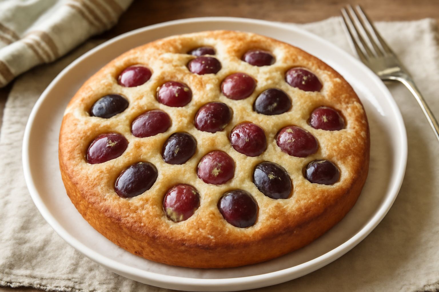 Torta d'uva rotonda con uva rossa e bianca disposta sulla superficie dell'impasto biondo, spolverata di zucchero semolato, in una teglia da forno o su un piatto da dolce