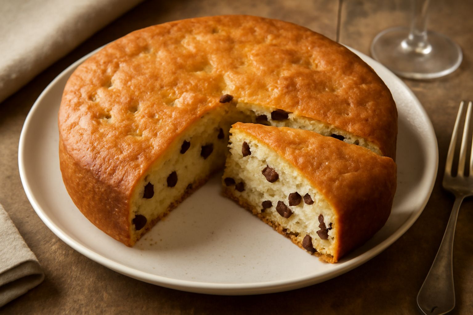 Torta d'uvetta dorata e soffice a fette su un piatto bianco, con interno morbido color nocciola e uvetta nera distribuita uniformemente, accanto una tazza di caffè