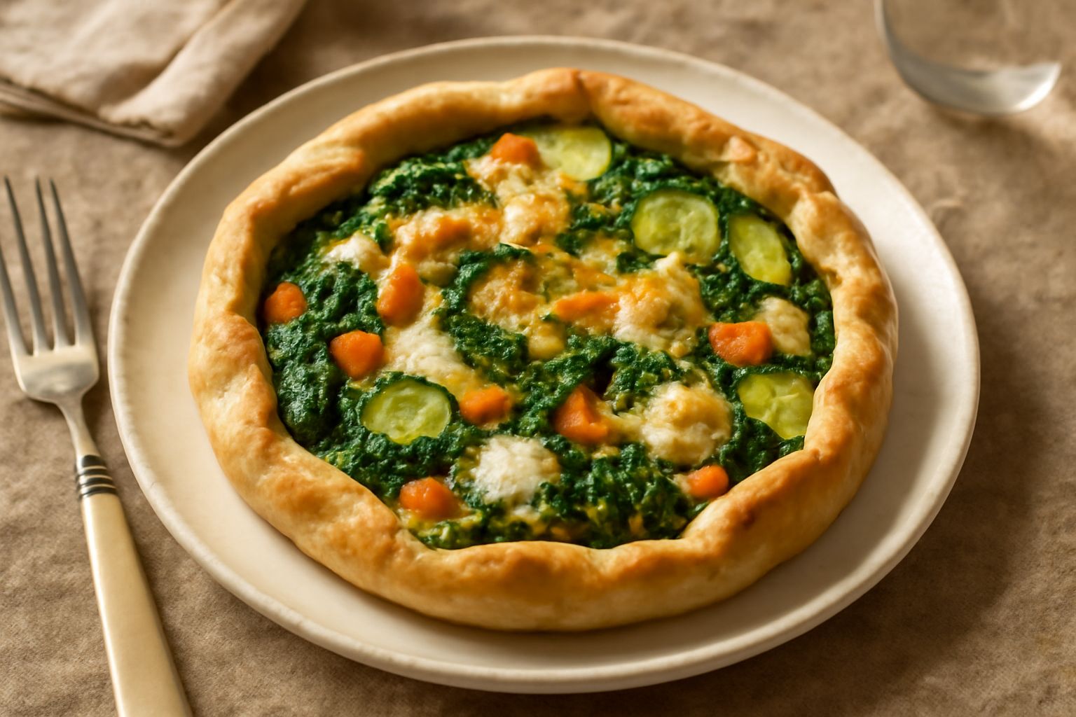 Torta di verdure con pasta dorata e croccante, ripieno multicolore di zucchine, carote, spinaci e pomodori, intera nel piatto da forno e una fetta già tagliata che mostra il ripieno stratificato