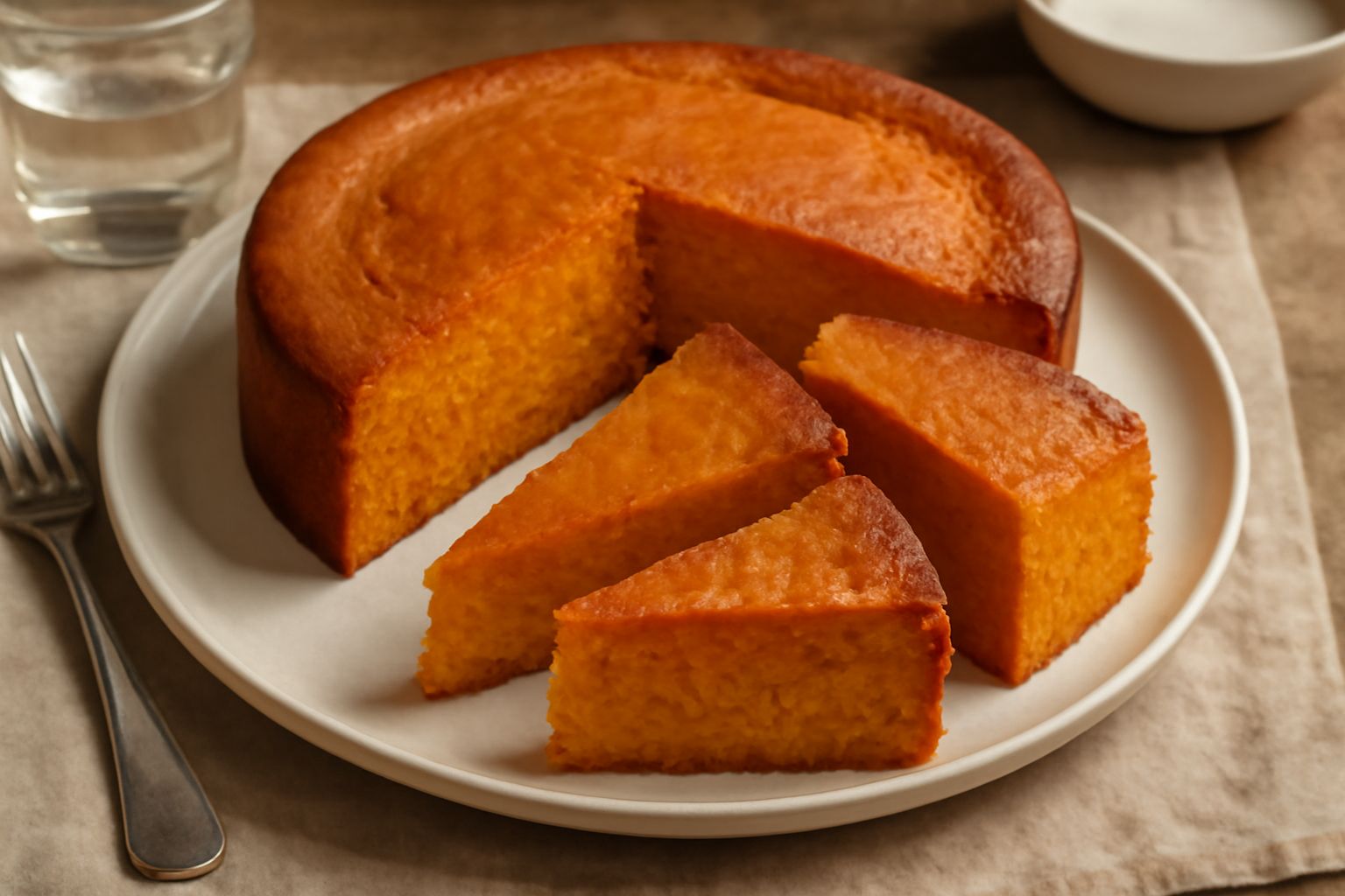 Torta di zucca tagliata a fette su un piatto bianco, miga color arancio intenso e compatta, superficie liscia leggermente dorata, nessuna guarnizione, sfondo neutro