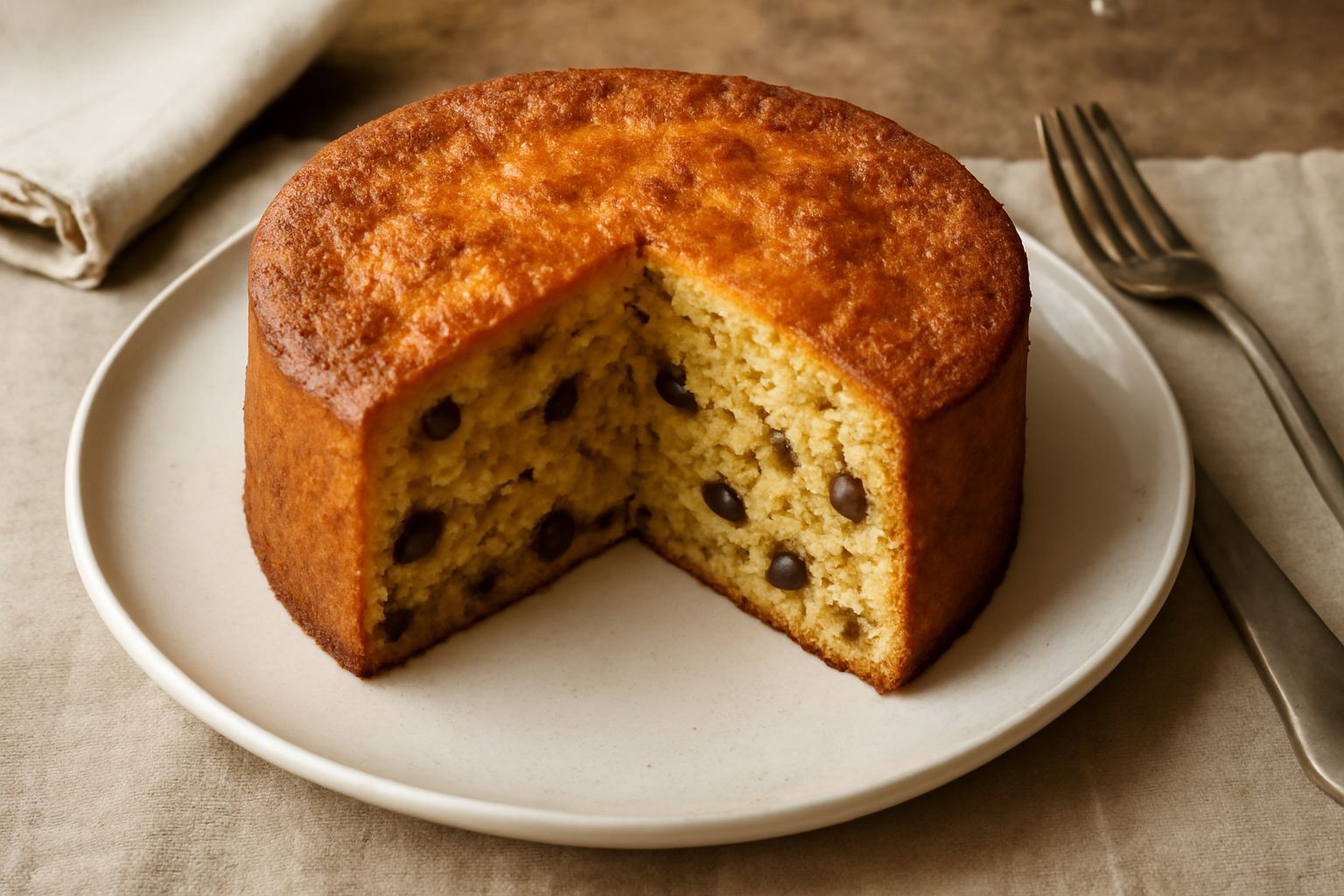 Torta Emiliana affettata su un tavolo di legno, con superficie dorata e compatta, visibili noci e spezie scure nell'impasto, accanto una tazza di caffè e una salvietta di lino beige