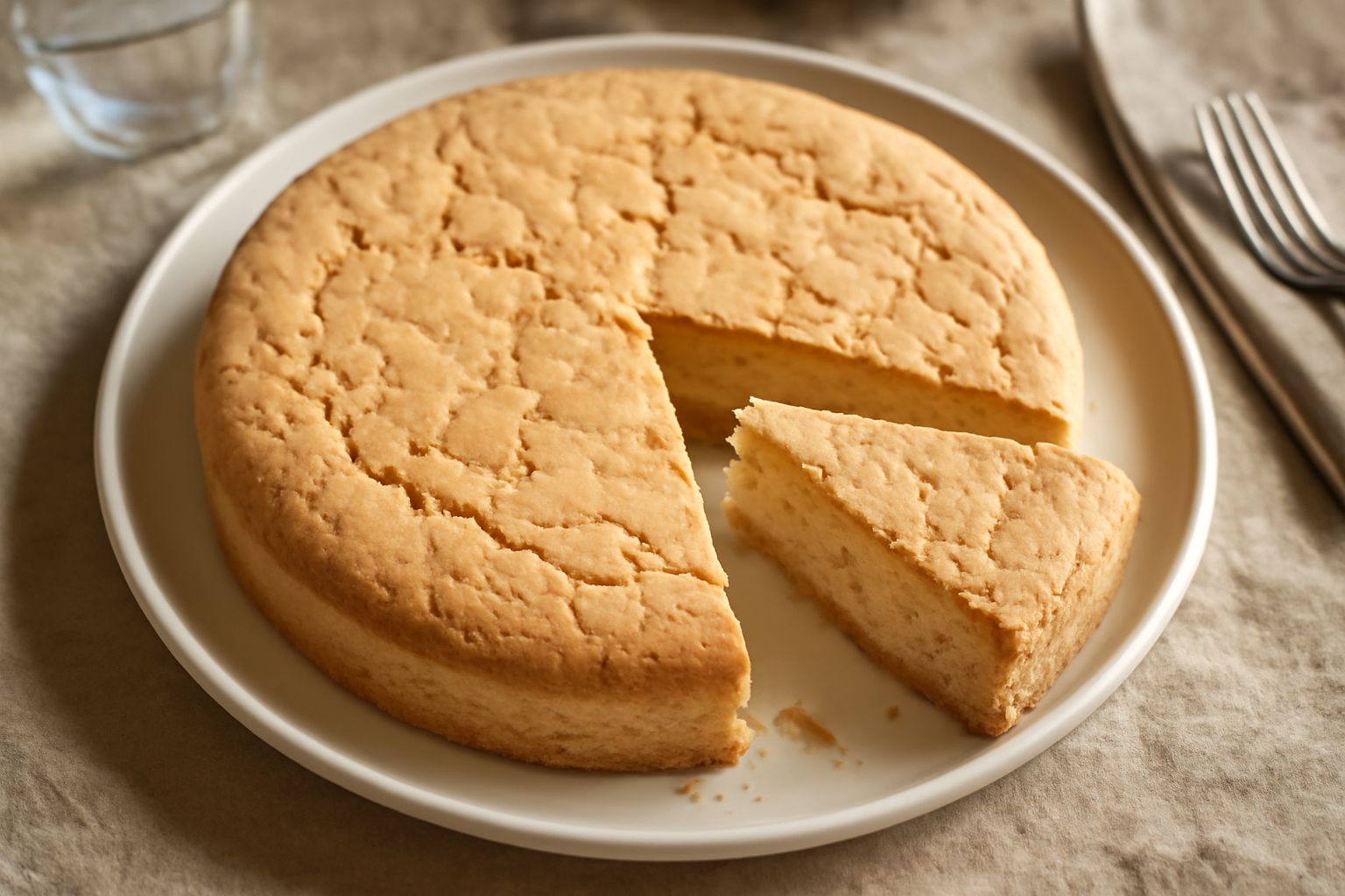 Torta Ferrarese intera su piatto bianco, con superficie dorata e screpolata, tagliata in fette triangolari che mostrano l'interno friabile color avorio, bordo del piatto visto leggermente dall'alto