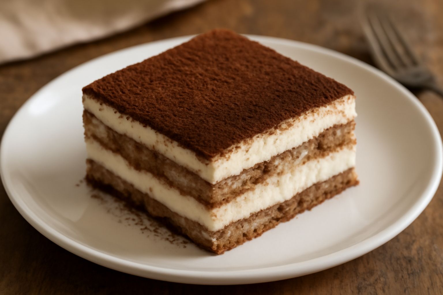 Torta fredda quadrata con strati alterni di biscotto scuro e crema bianca, spolverata di cacao marrone sulla superficie, affettata per mostrare i layer interni, servita su un piatto bianco con un cucc
