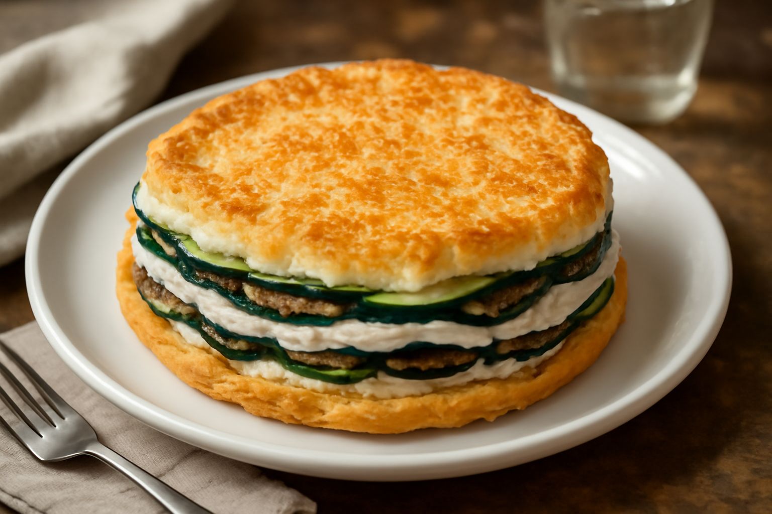 Torta fredda di verdure rettangolare affettata, mostra strati di verdure grigliate color verde scuro e marrone, crema bianca di ricotta tra gli strati, crostatina di pasta sfoglia dorata alla base, de