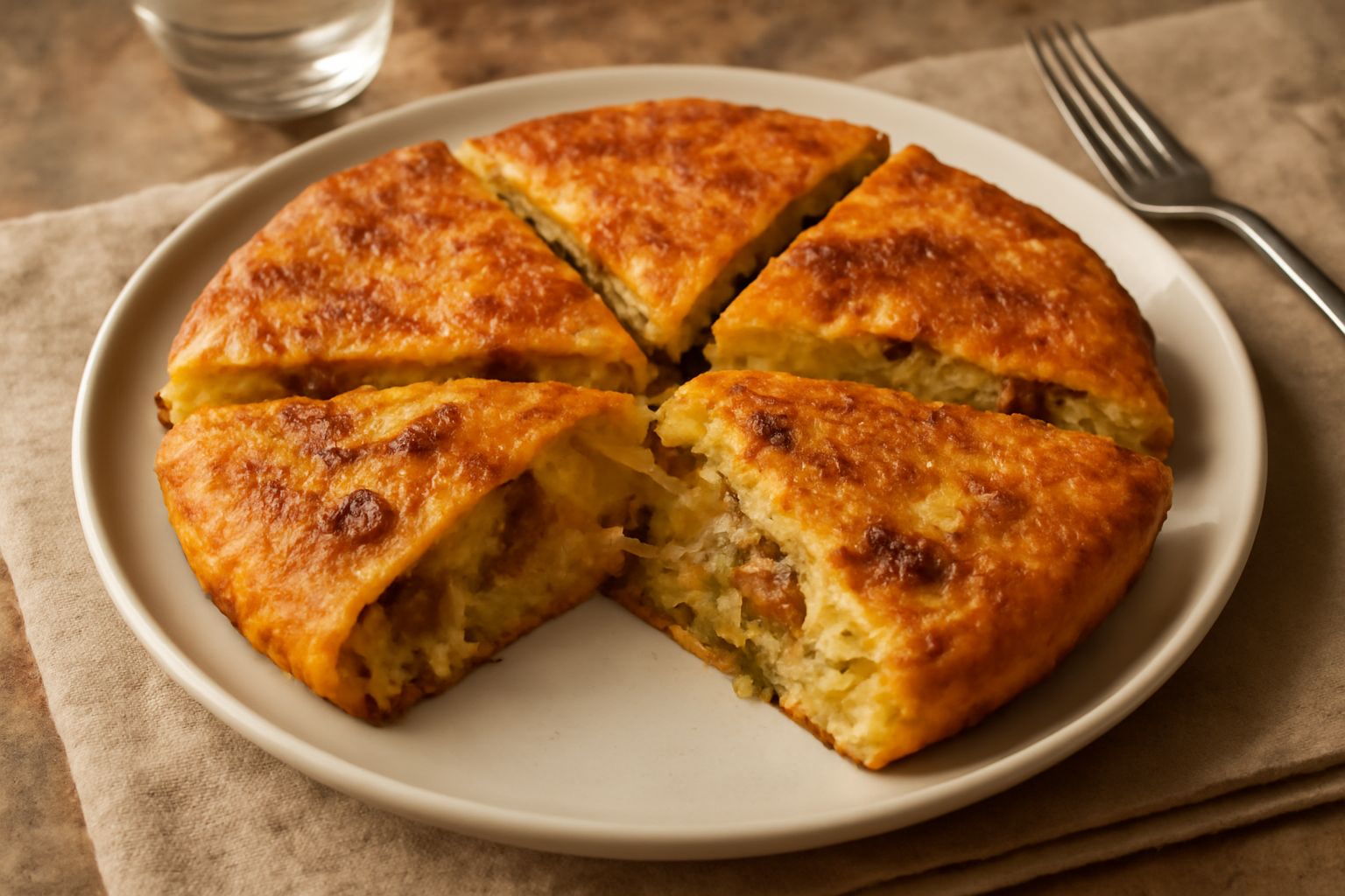 Torta fritta dorata e croccante tagliata a spicchi su un piatto bianco, con interno giallo paglierino visibile, guarnita con prezzemolo fresco, vapore ancora visibile