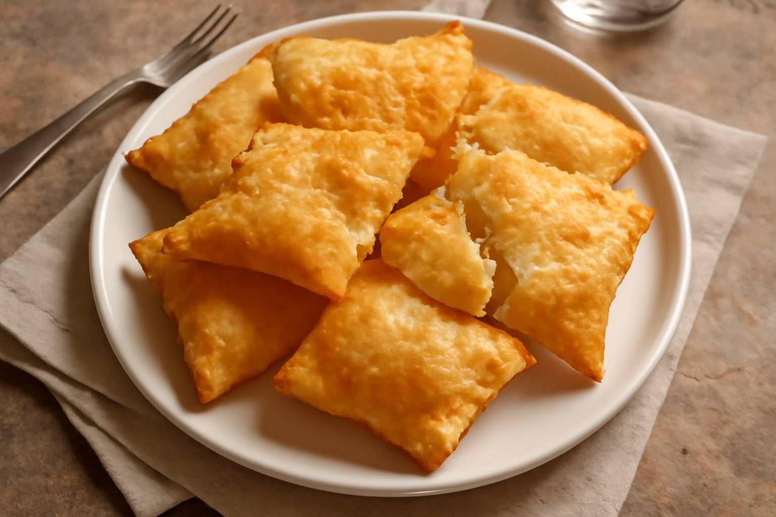 Torta fritta emiliana dorata e croccante, intera e spezzata in pezzi, su piatto bianco, pronta per essere inzuppata in una tazza di caffè fumante