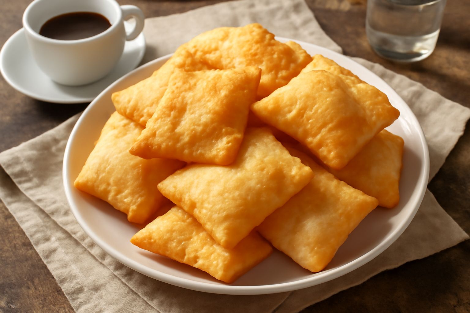Fette di torta fritta dorate e croccanti su carta assorbente, servite tiepide con sale grosso visibile sulla superficie