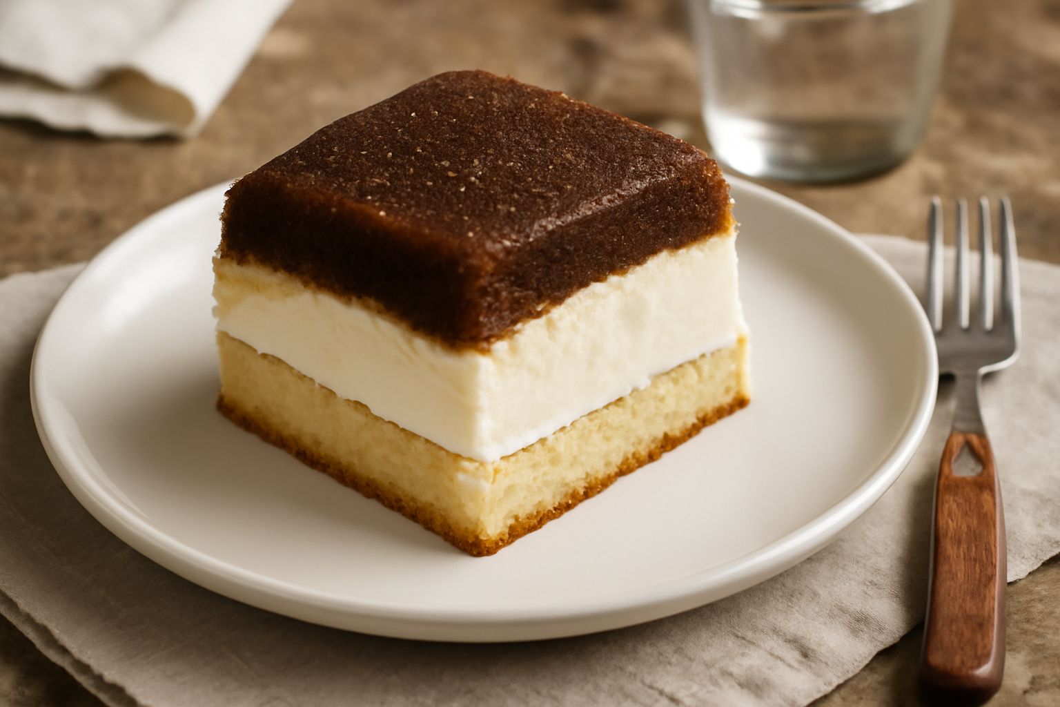 Torta gelato messinese a fette su piatto bianco: strati visibili di pan di spagna color oro, gelato bianco crema, copertura di granita marrone sfumato, bordi lisci con tracce di gelato in rilievo