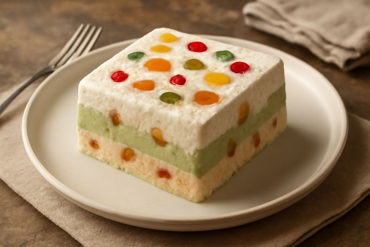 Torta gelato siciliana affettata, con strati visibili di pan di spagna color oro, gelato bianco e pistacchio, e canditi colorati sulla superficie e sui fianchi