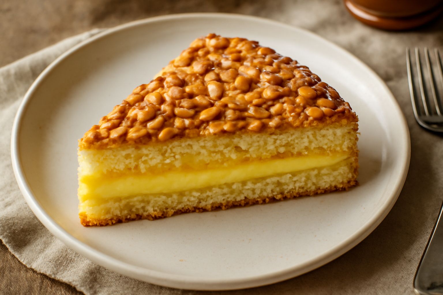 Torta genovese pisana affettata con tre strati di pan di Spagna dorato, crema giallo chiaro nel mezzo, granella di pinoli sulla superficie, su piatto bianco con forchettina accanto