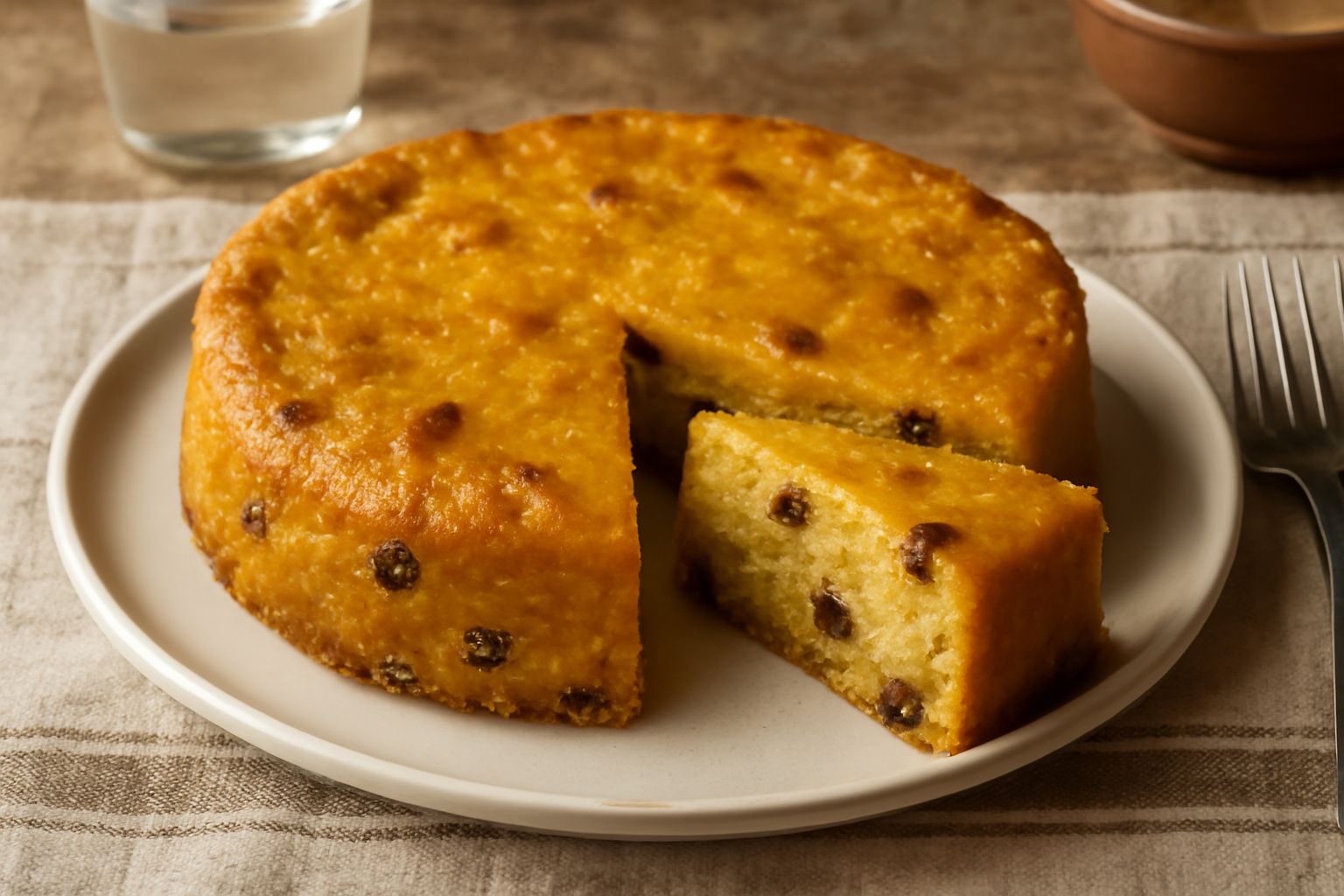 Torta Guelfa affettata su un piatto bianco, spaccato che mostra l'impasto giallo-beige punteggiato di uvetta scura, superficie dorata e leggermente irregolare