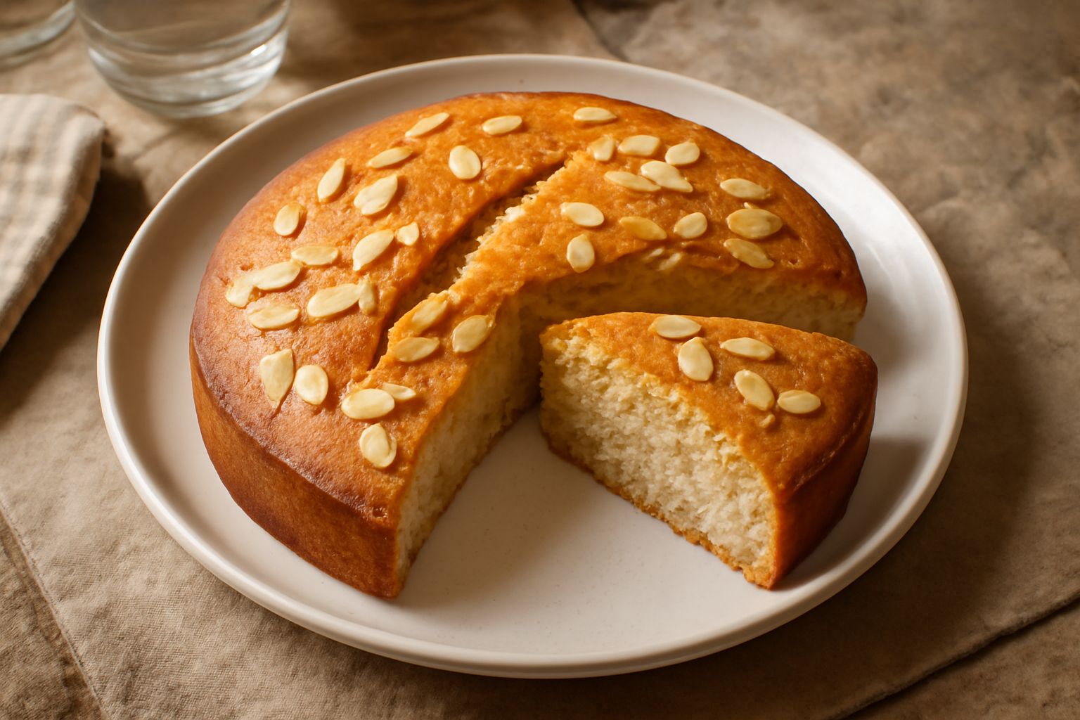 Torta mandorlata dorata e soffice, affettata, con la mollica visibile e compatta, guarnita con mandorle slacciate tostate sulla superficie, servita su piatto bianco.