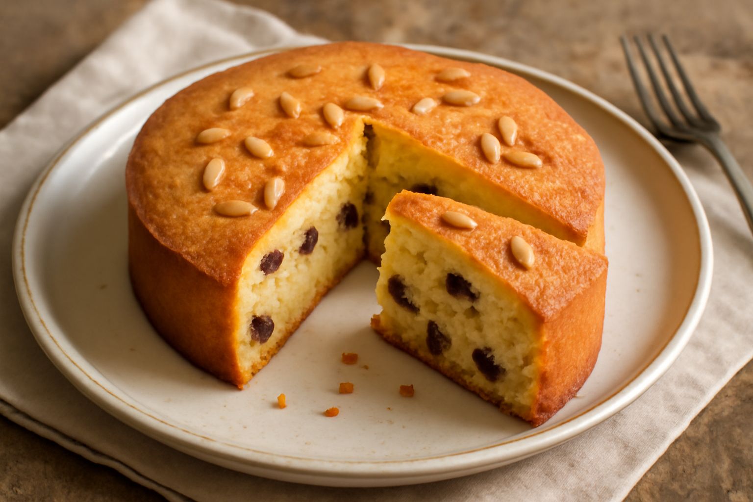 Torta mantovana affettata su piatto bianco, interno soffice color panna con venature di uvetta scura e pinoli, crosta dorata, pezzi di amaretti visibili