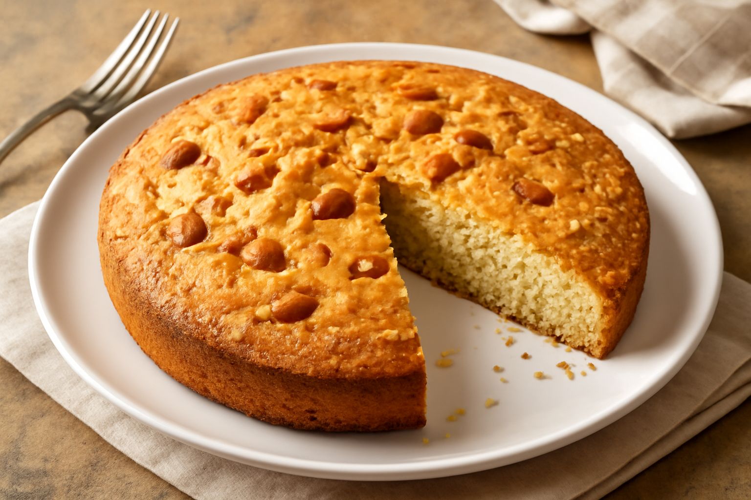Torta mantovana di Sabbioneta intera su un piatto da cake, superficie dorata con sfumature dorate, tagli netti che mostrano la pasta friabile color avorio all'interno, mandorle tostate sparse sulla su
