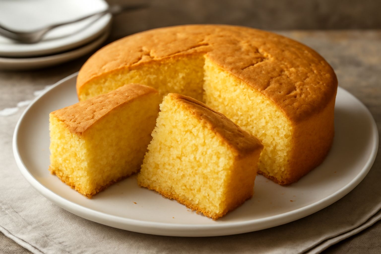 Torta marchigiana dorata e soffice, tagliata a fette, impilate su un piatto bianco. La crosta è leggermente giallognola, l'interno visibilmente poroso e soffice. Superficie liscia, senza glassa. Decor