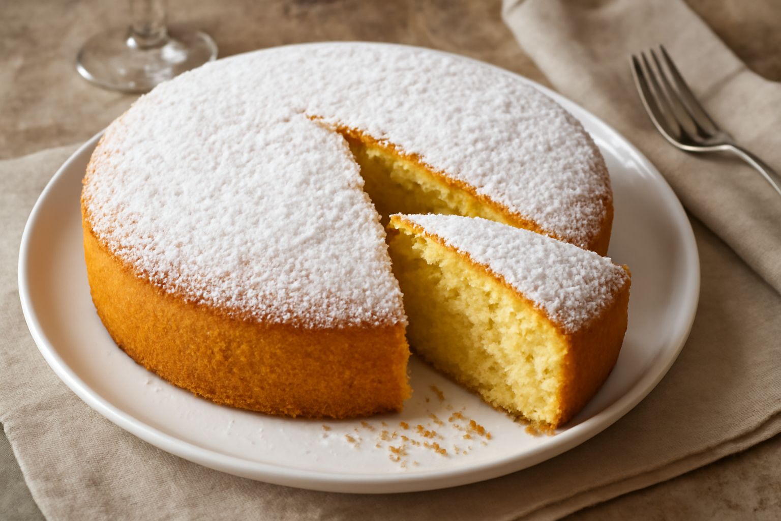Una torta margherita intera, tagliata a fette, con crosta dorata uniforme, interno chiaro e soffice, posizionata su un piatto da portata bianco. Una fetta è messa in evidenza accanto mostrando la moll