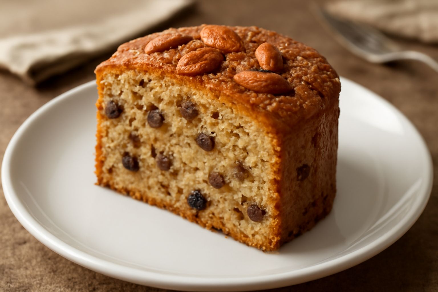 Torta meranese affettata, con crosta dorata e superficie ricca di mandorle tostate, uvetta scura e una spruzzata di zucchero a velo, servita su un piatto bianco