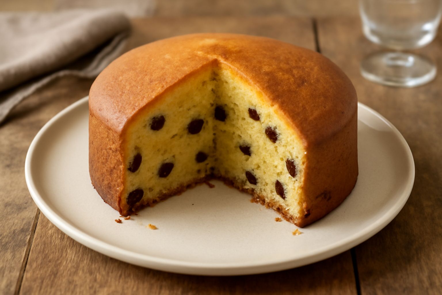 Torta Milanese intera su un piatto bianco, superficie dorata e uniforme, con una fetta tagliata che mostra l'interno compatto con uvetta nera e frammenti gialli di canditi visibili nel crumb