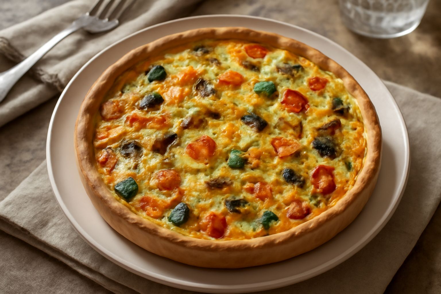 Torta mista di verdure affettata, con superficie dorata leggermente gonfia, ripieno visibile di carote arancioni, zucchine verdi e altri ortaggi, servita su piatto bianco con contorno di insalata fres