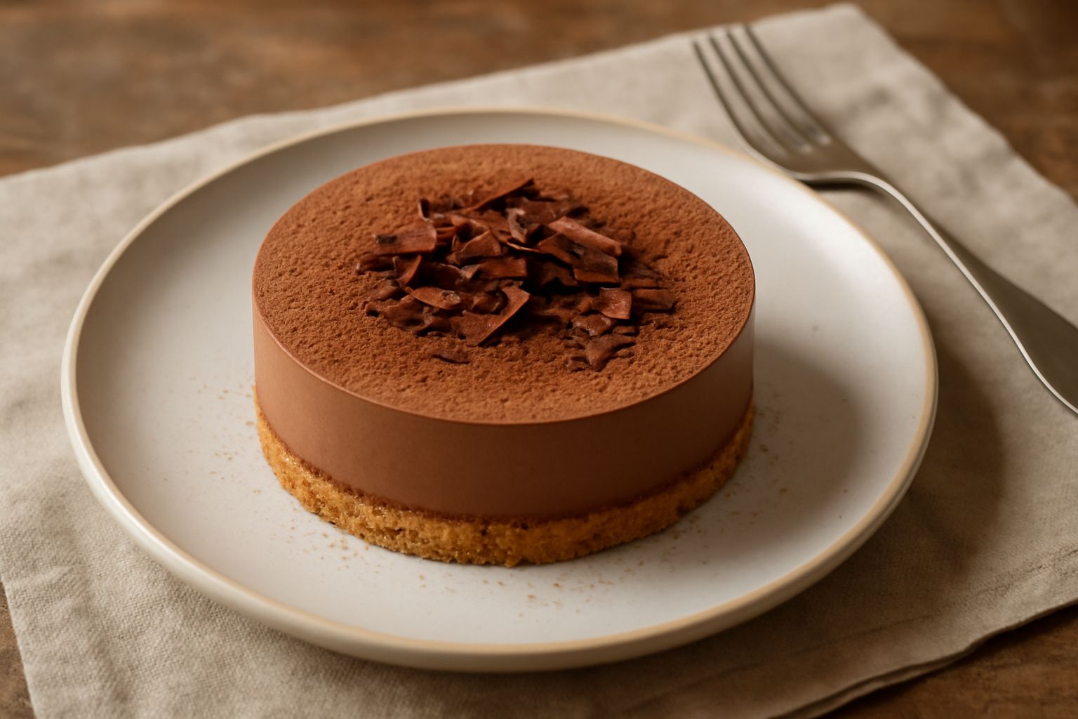 Torta mousse al cioccolato con superficie liscia marrone scuro, decorata con scaglie di cioccolato bianco e cacao in polvere, affettata in una fetta che mostra la base biscottata croccante e lo strato