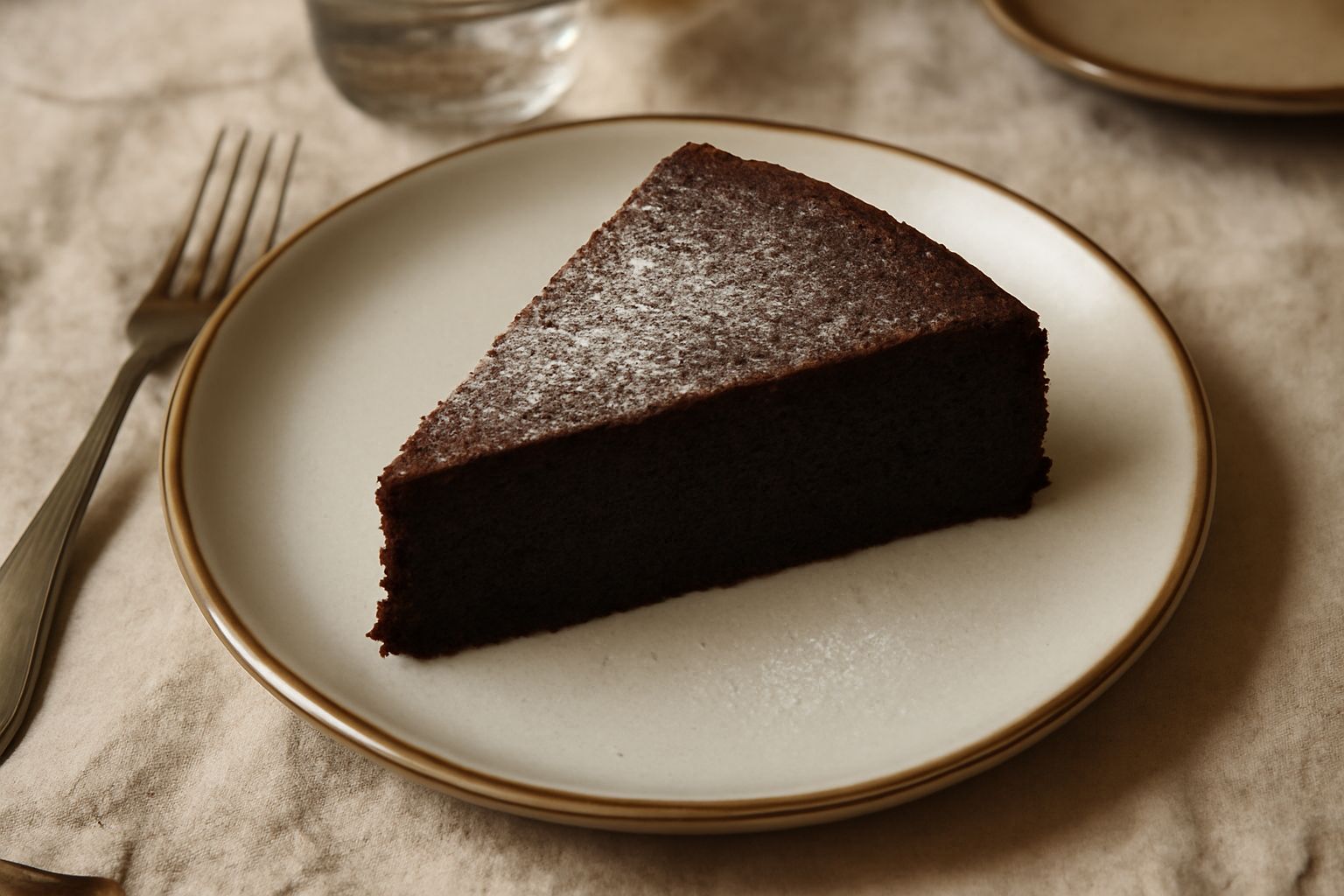 Torta negra integra marrone scuro al cacao, affettata per mostrare l'interno umido e compatto, posata su piatto bianco con una tazza di tè accanto